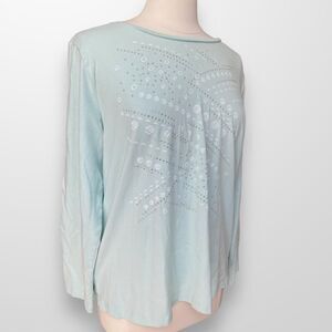 CJ Banks Woman's Size X 14W Top Shirt Long Sleeve Mint Green Beaded Stretch